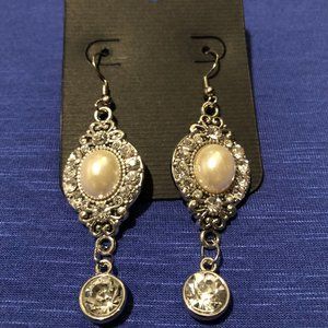 Pearl and Rhinestone Silver Dangle Earrings